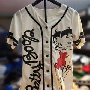 Betty Boop Graphic Baseball Jersey - Cream with Black & Red Womens Size Small